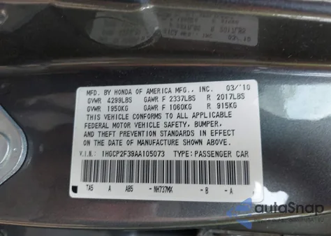 2010 Honda Accord 2.4 Lx from USA, damaged, VIN 1HGCP2F39AA105073